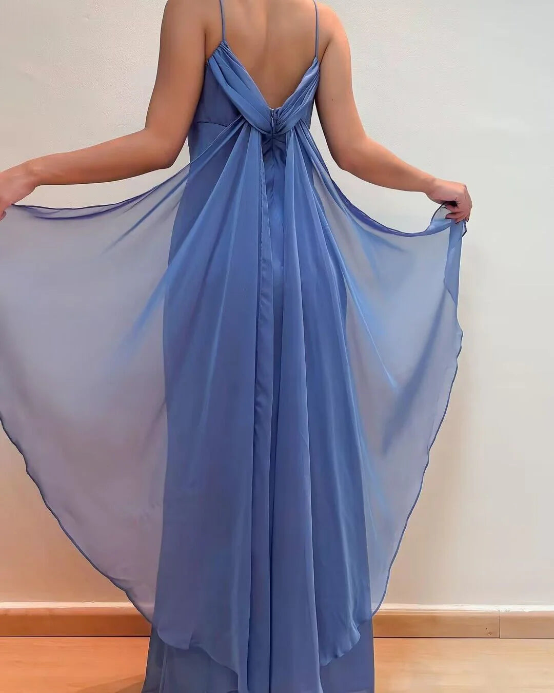 Weitese Formal Women's Dresses Spaghetti Straps Blue Chiffon Sheath Long Prom Dresses Prom Dresses Stores