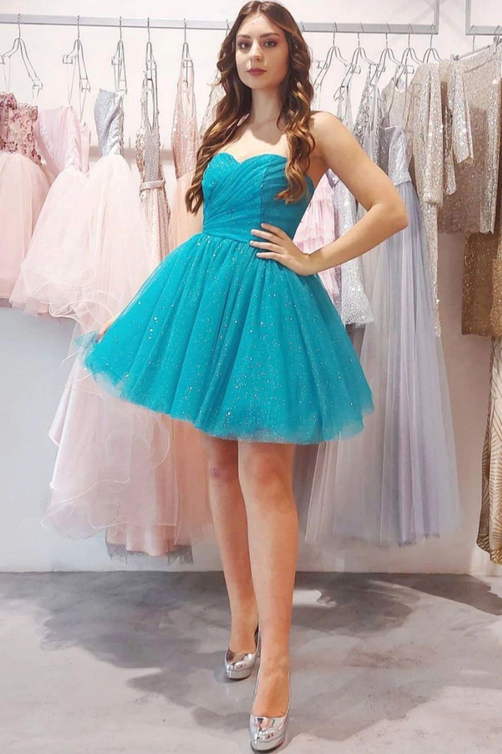 Weitese Blue Glitter Tulle A-line Strapless Homecoming Dress