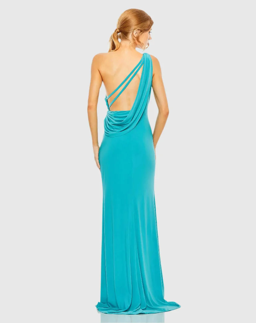 Simple Sheath One Shoulder Sleeveless Draped Back Floor-Length Prom Dress