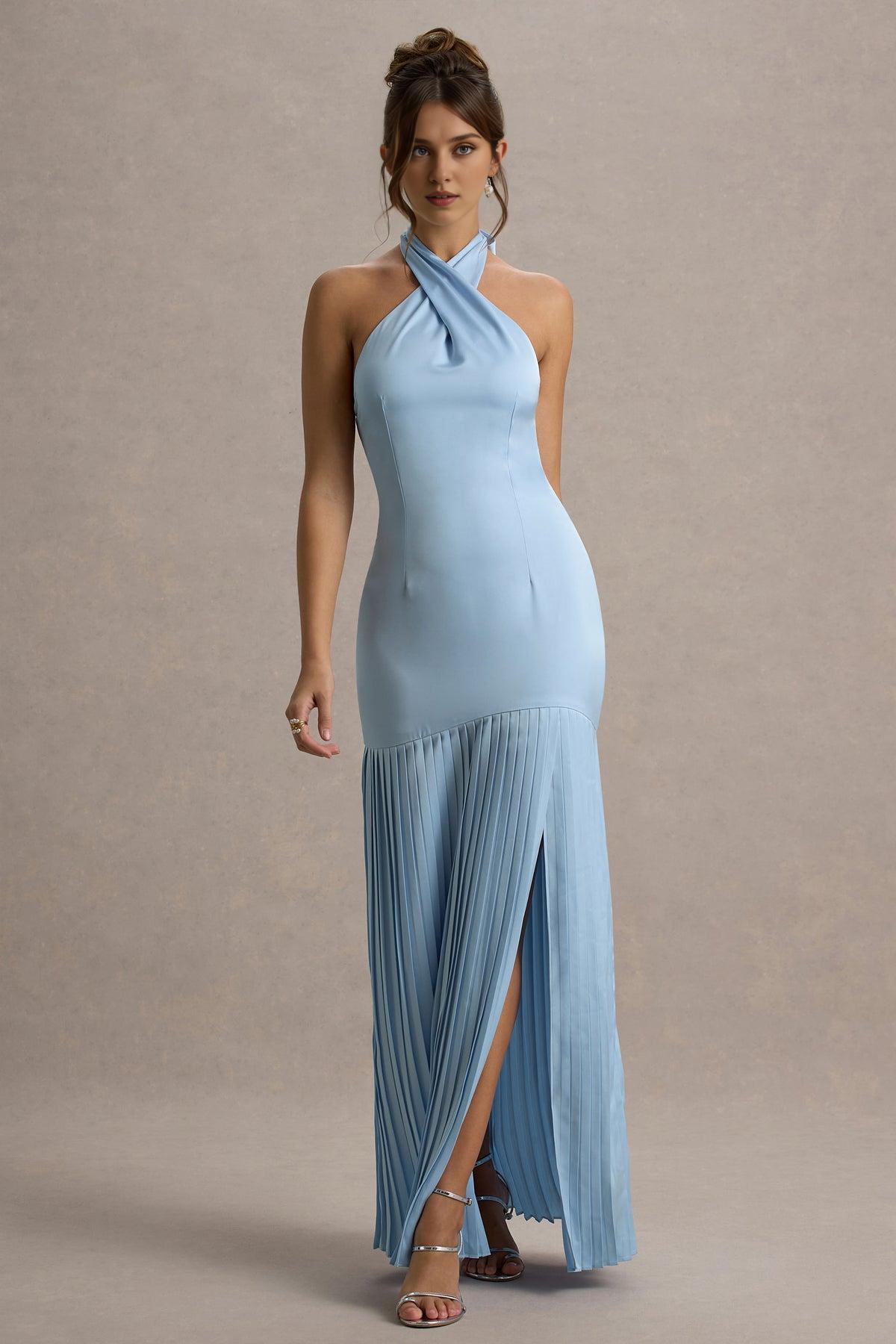 Robe Weitese bordeaux en satin croisé, col licou, robe longue plissée, robe de bal, robe de demoiselle d'honneur à lacets, sans manches, ourlet fendu 