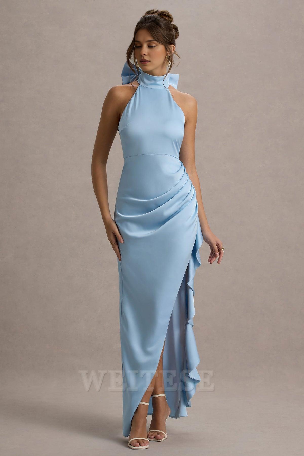 Weitese Dress Pink Satin High-Neck Draped Maxi Dress Prom Dress With Bow Ruffle Floor Length Sleeveless Bridesmaid Dress