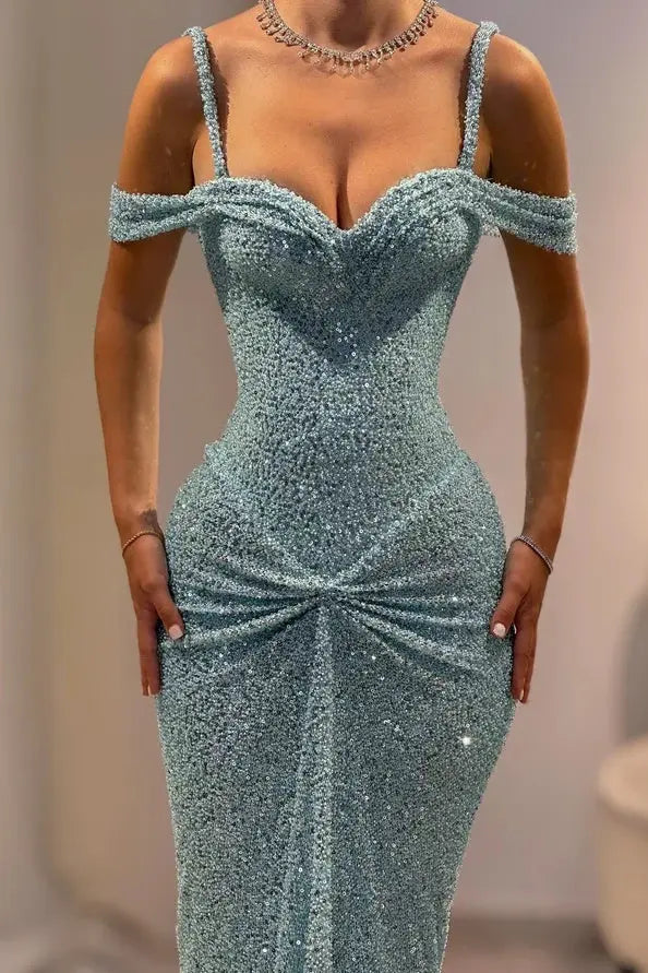 Sky Blue Sequin sheath-column sweetheart zipper-back floor-length Dress