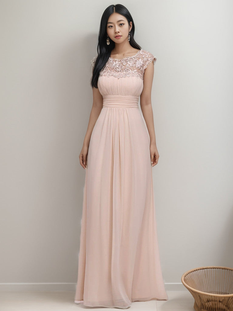 Weitese Maxi Lace Cap Sleeve Long Formal Evening Dress