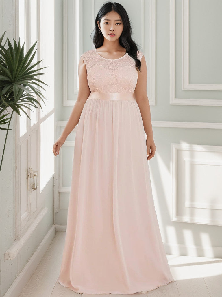 Robe de demoiselle d'honneur Weitese grande taille, classique, col rond, dos en V, coupe trapèze, en mousseline de soie et dentelle