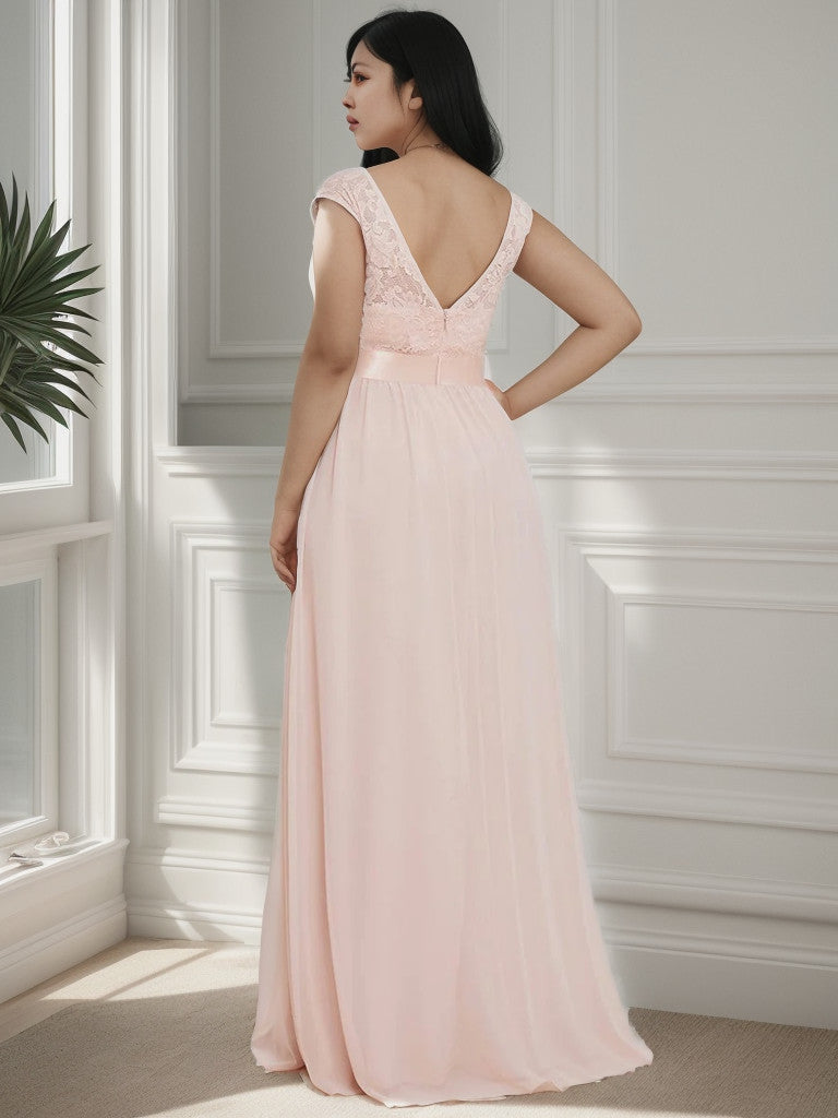 Robe de demoiselle d'honneur Weitese grande taille, classique, col rond, dos en V, coupe trapèze, en mousseline de soie et dentelle