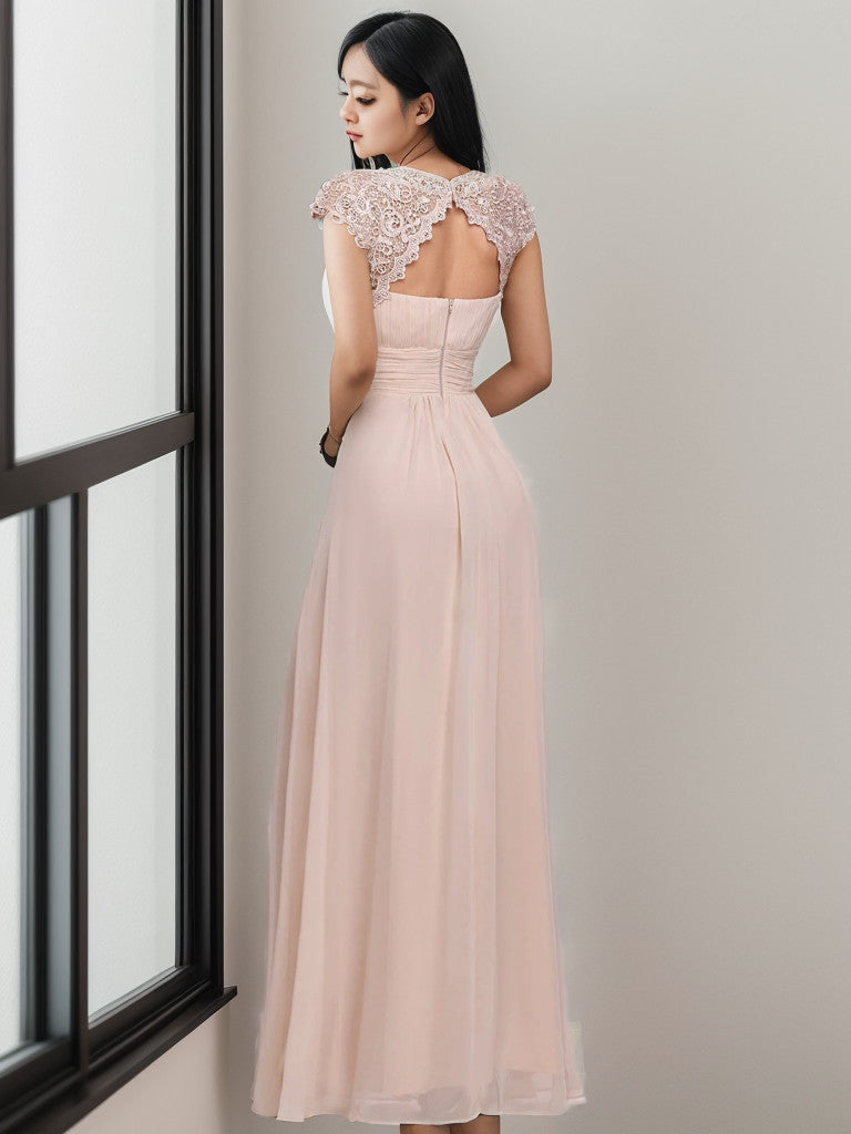 Weitese Maxi Lace Cap Sleeve Long Formal Evening Dress