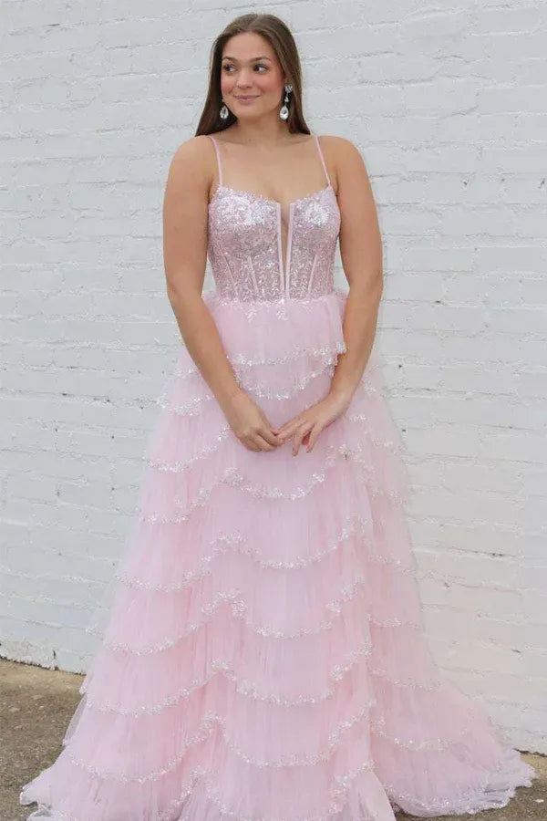 Blush Pink Spaghetti Strap Sequin Corset Tiered Ruffle Tulle Prom Dress