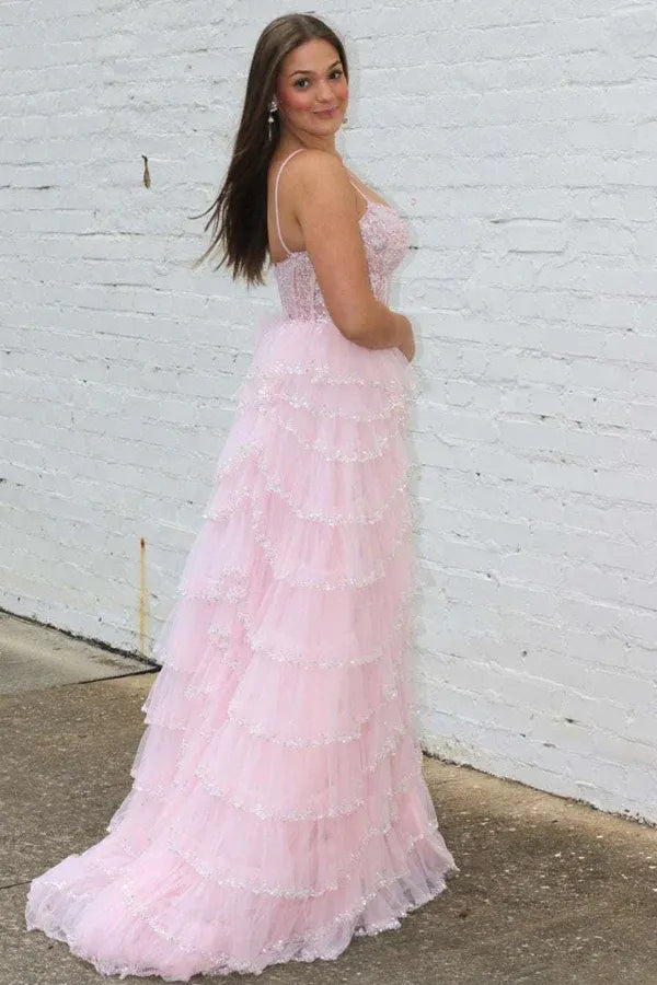 Blush Pink Spaghetti Strap Sequin Corset Tiered Ruffle Tulle Prom Dress