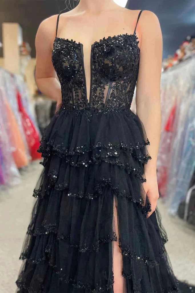 Blush Pink Spaghetti Strap Sequin Corset Tiered Ruffle Tulle Prom Dress