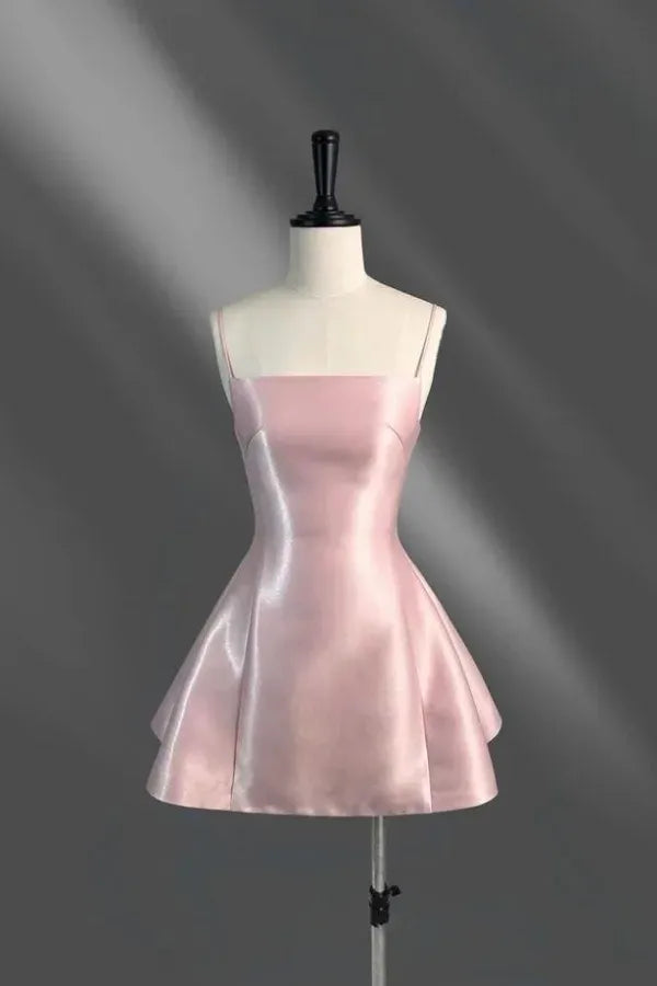 Blush Pink Spaghetti Strap Satin A-Line Short Homecoming Dress