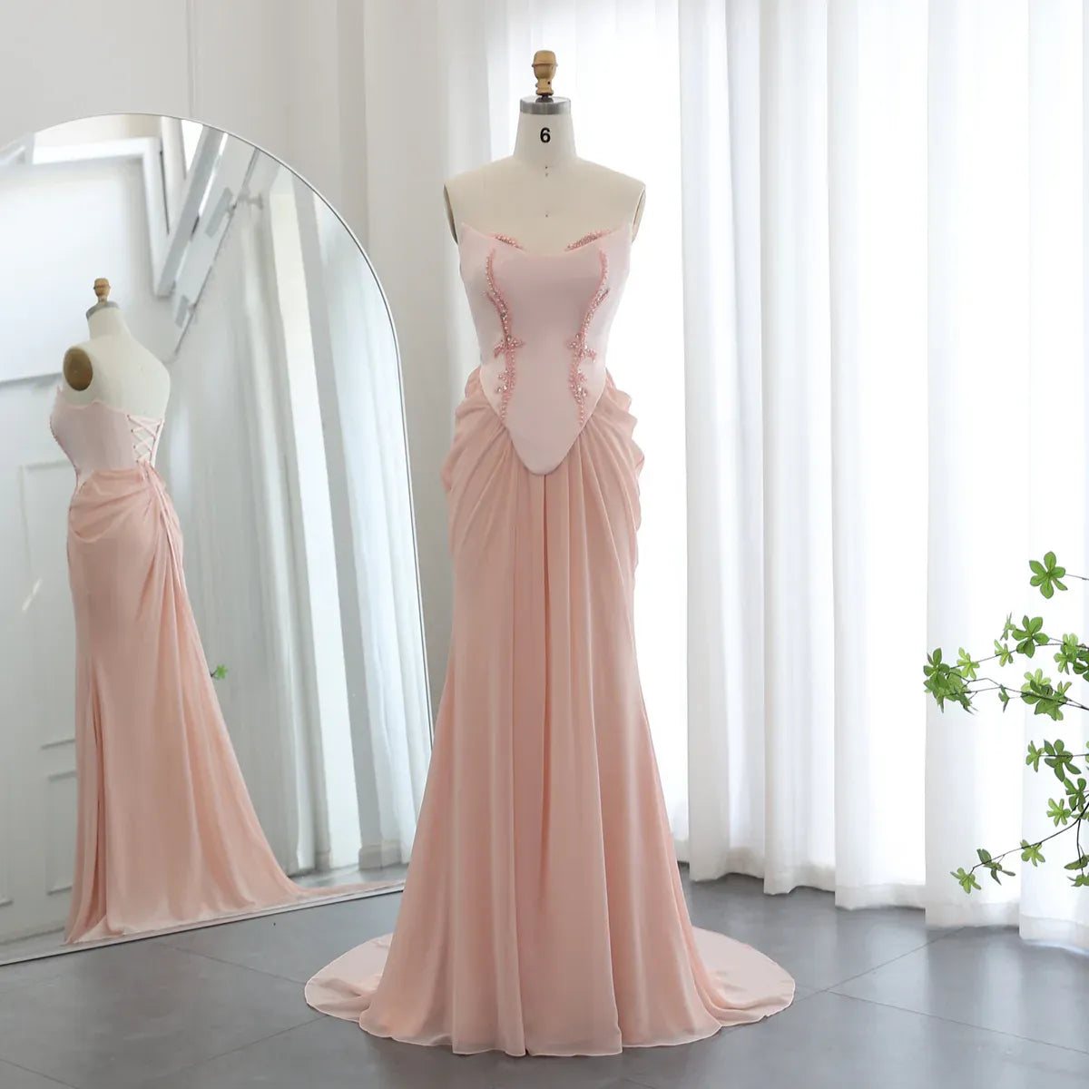 Blush Pink Strapless Beaded Corset Mermaid Chiffon Long Prom Dress