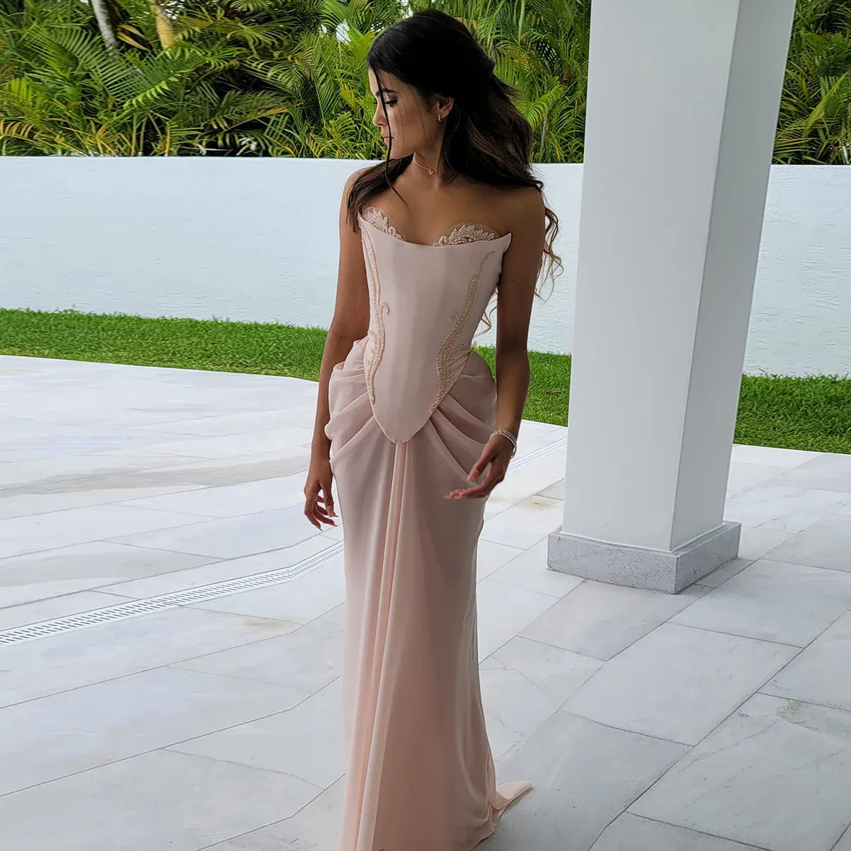 Blush Pink Strapless Beaded Corset Mermaid Chiffon Long Prom Dress