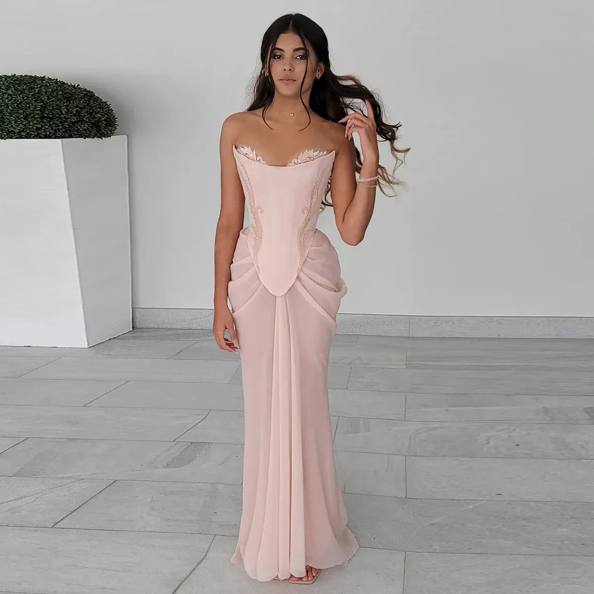 Blush Pink Strapless Beaded Corset Mermaid Chiffon Long Prom Dress