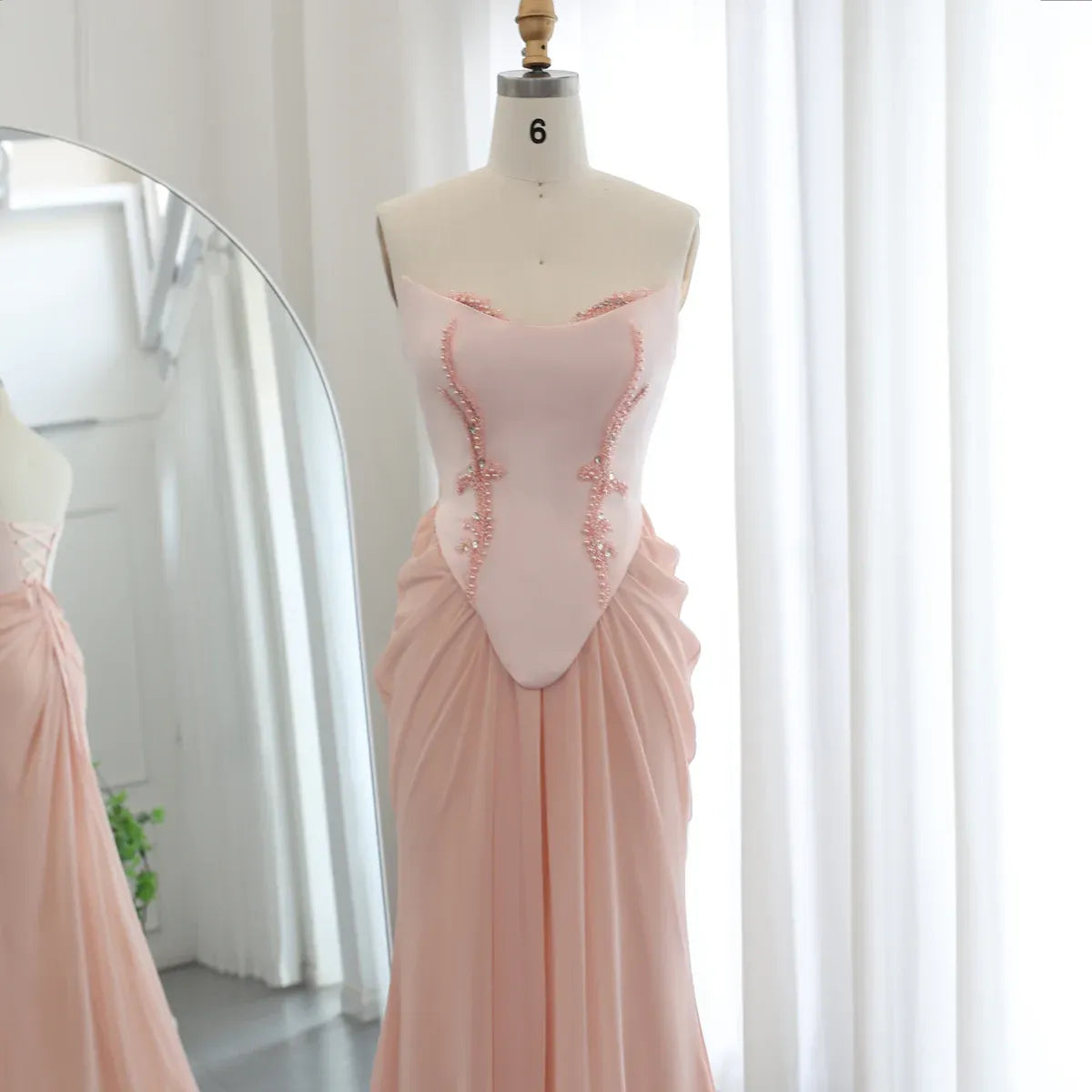 Blush Pink Strapless Beaded Corset Mermaid Chiffon Long Prom Dress