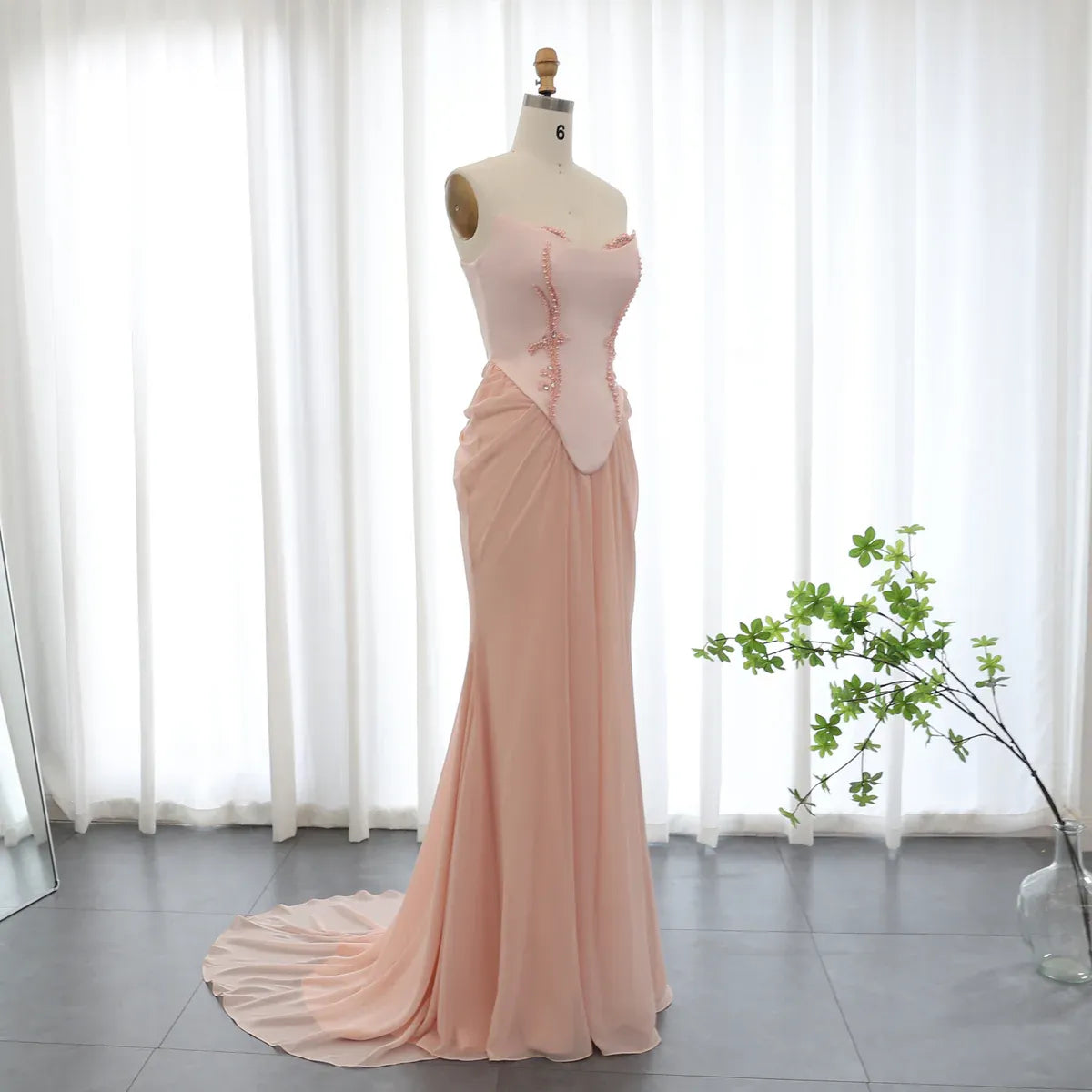 Blush Pink Strapless Beaded Corset Mermaid Chiffon Long Prom Dress