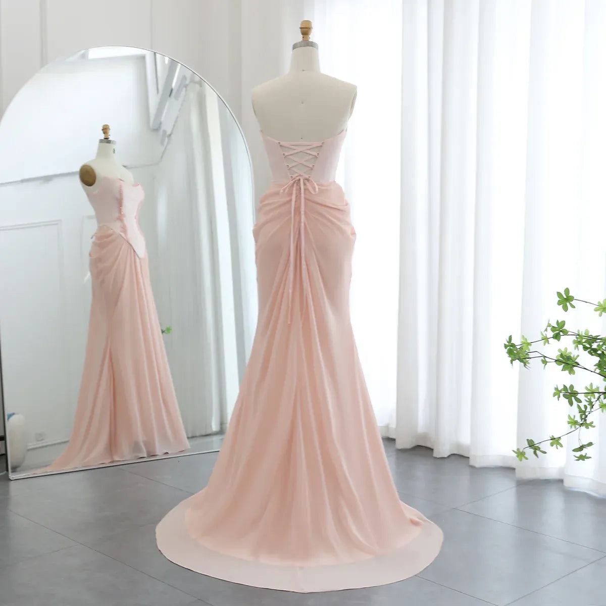 Blush Pink Strapless Beaded Corset Mermaid Chiffon Long Prom Dress