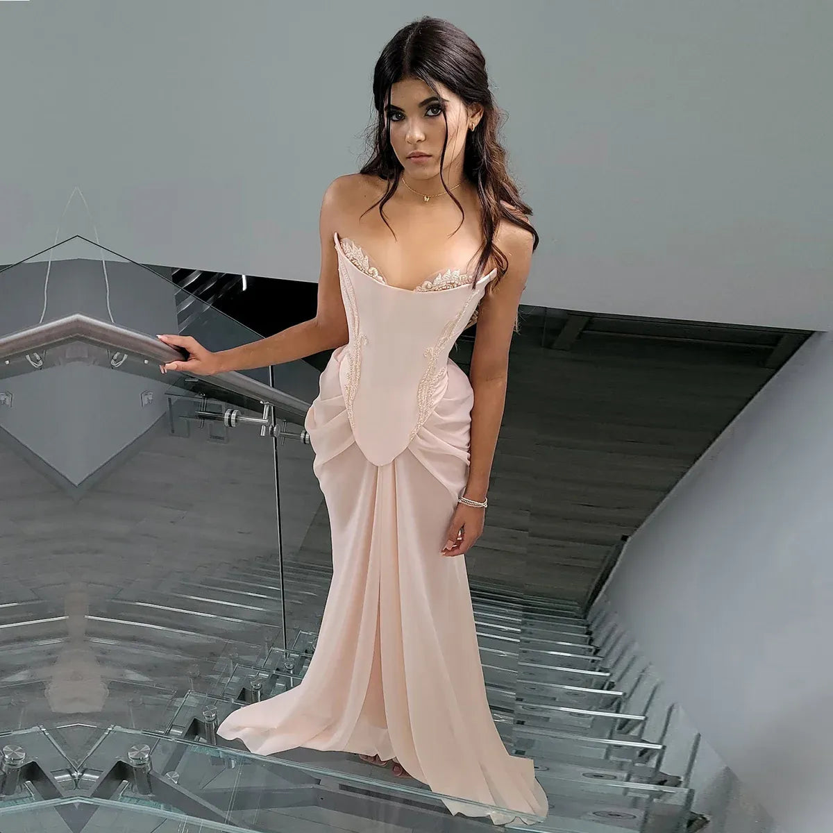 Blush Pink Strapless Beaded Corset Mermaid Chiffon Long Prom Dress
