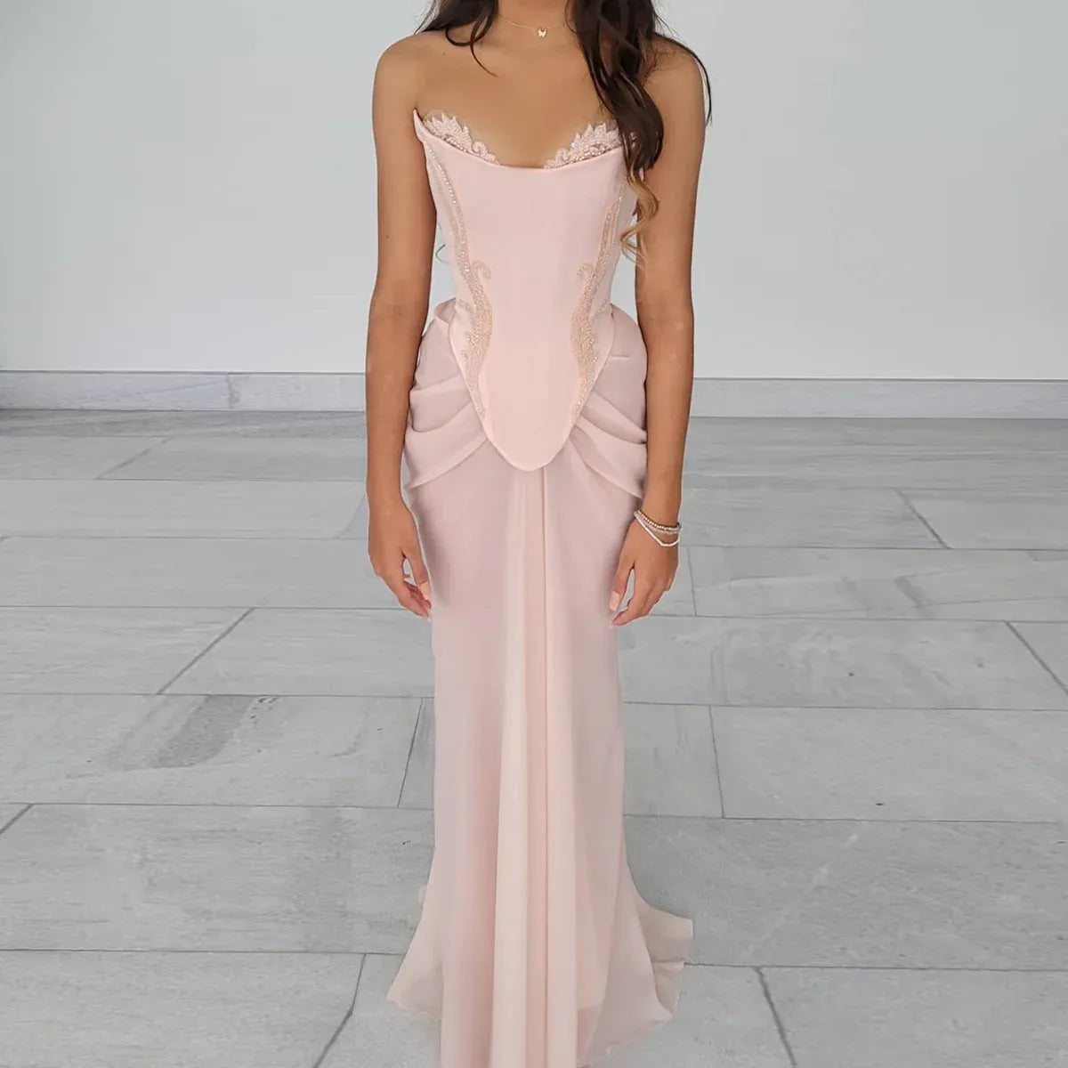 Blush Pink Strapless Beaded Corset Mermaid Chiffon Long Prom Dress
