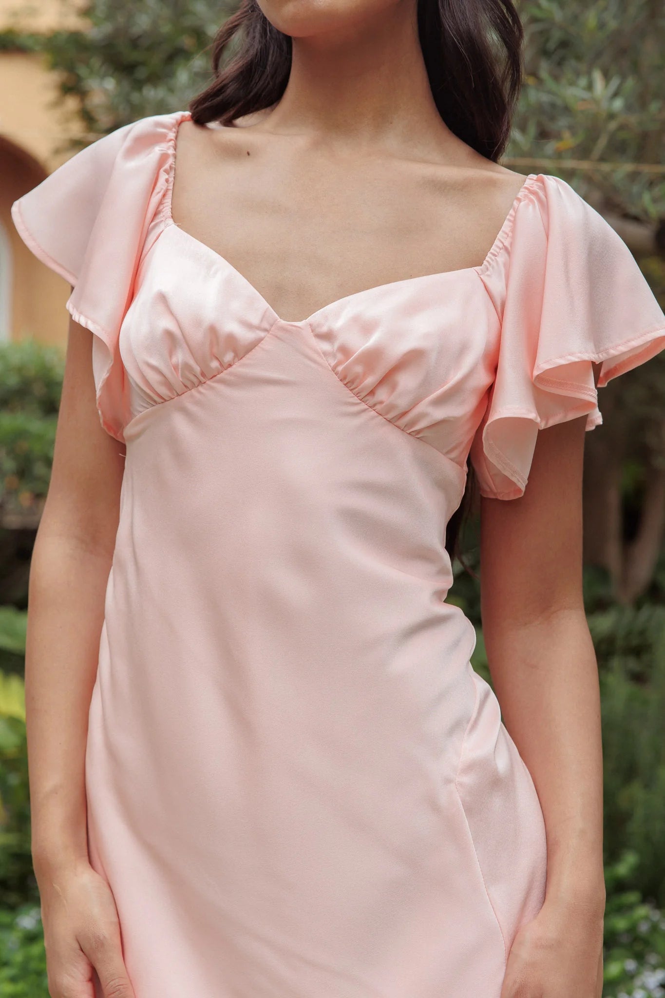 Weitese Dress Stylish Peach Satin Midi Dress Sweetheart Neck Flutter Sleeves And Side Slit Design Prom Dress