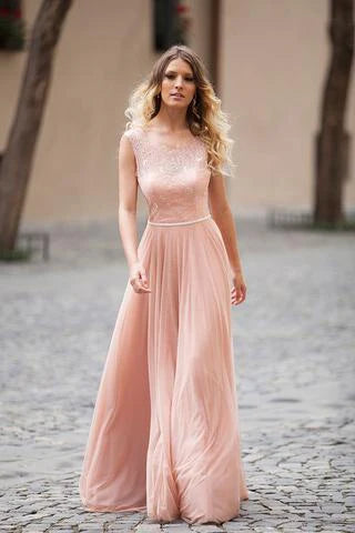 Prom Dresses Stores Modest Blush Pink Lace Chiffon Sleeveless Backless A-Line Long Prom Dresses Formal Women's Dresses