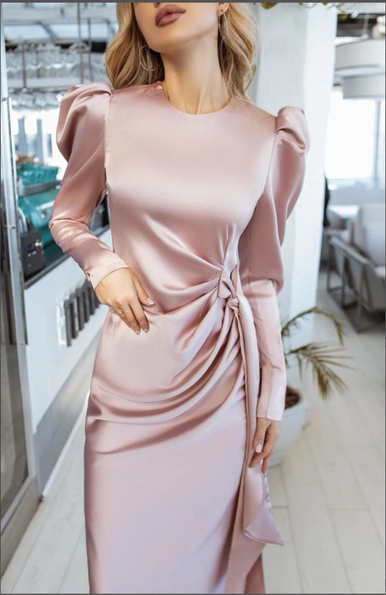Robe de bal en satin rose blush, manches longues, col rond, longueur thé, robe de demoiselle d'honneur, robe de cocktail 