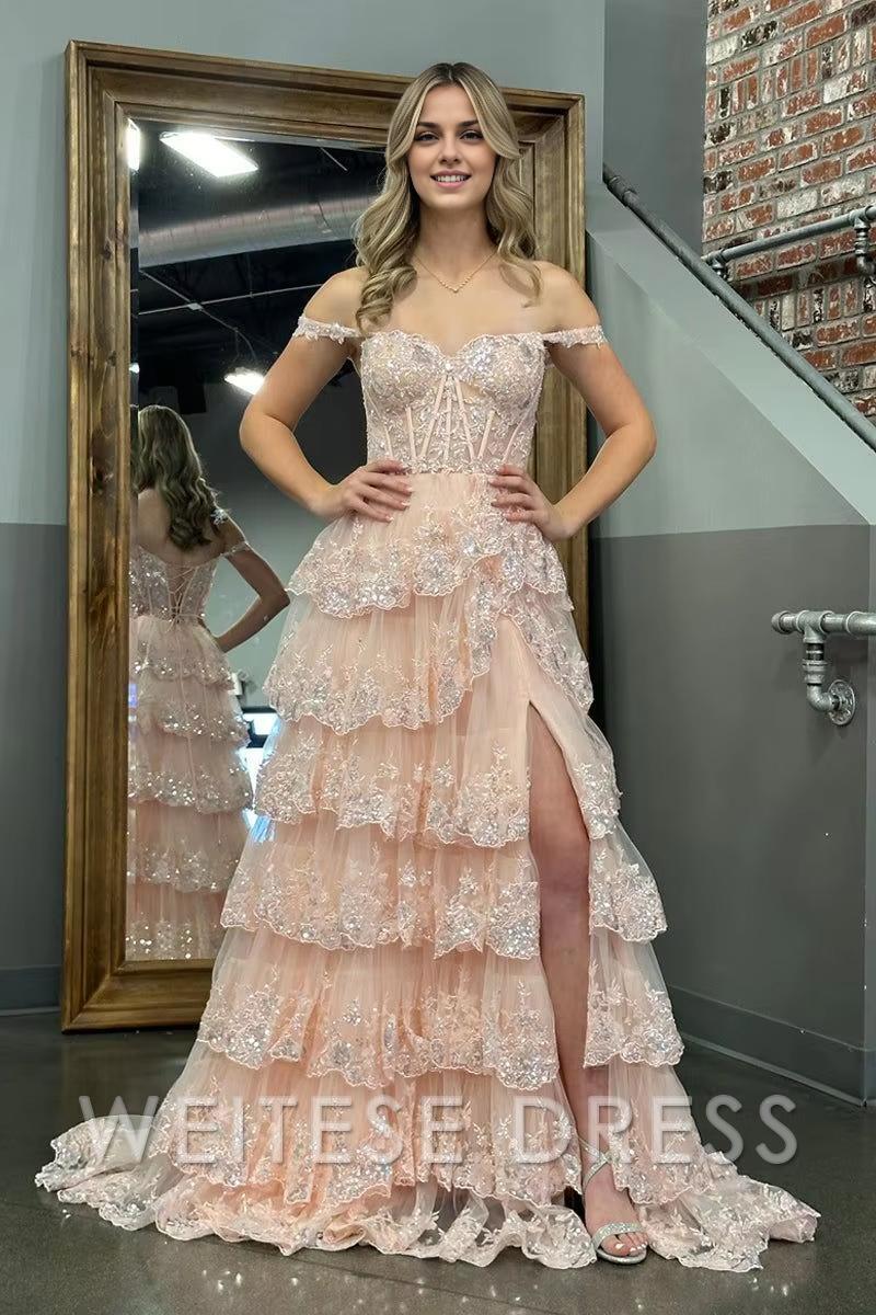 Weitese Dress Beautiful Tulle Appliques Off-the-Shoulder Ruffle Long Prom Dress Sweetheart Tiered Skirt Corset Lace Formal Dresses