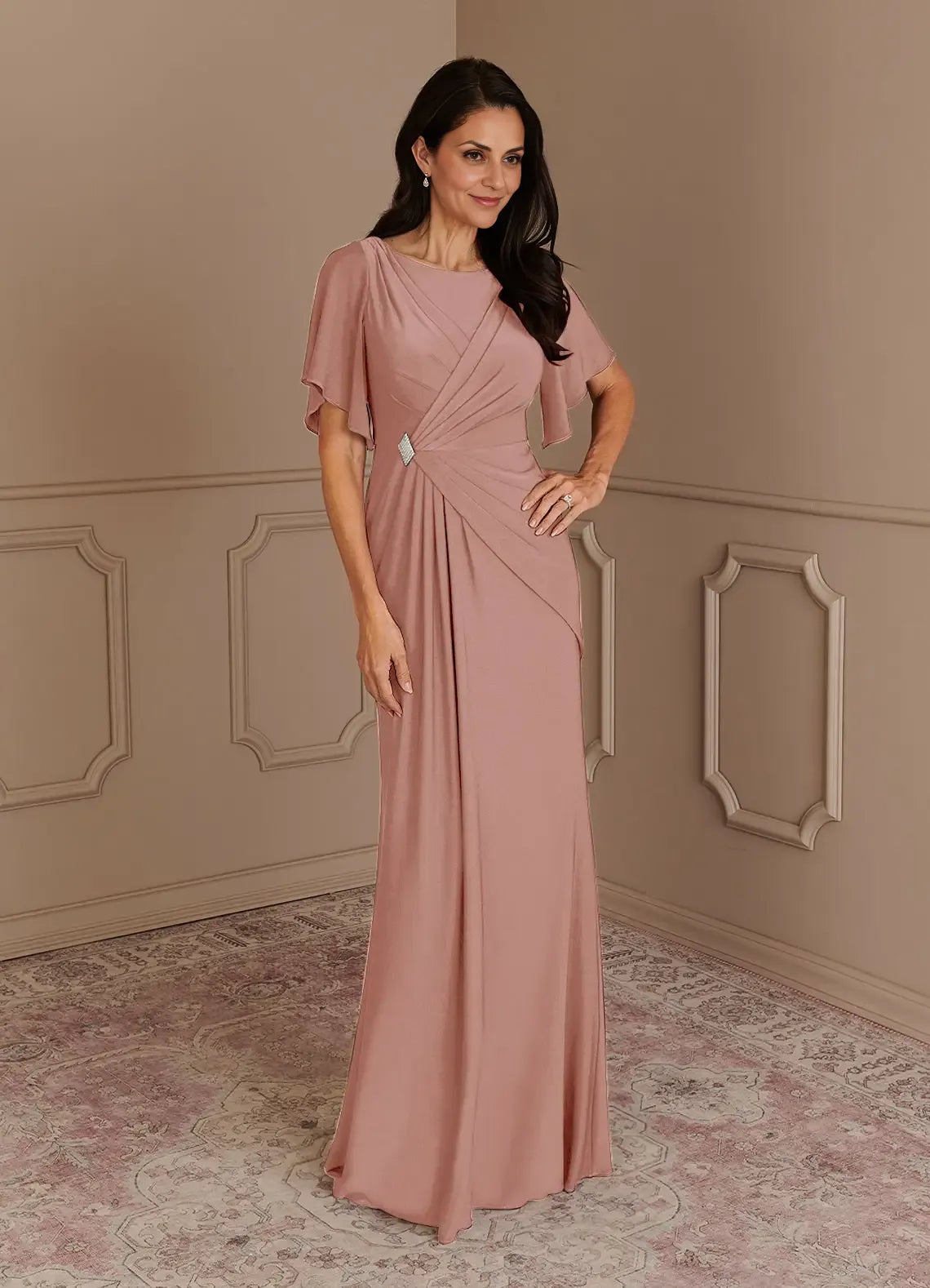 Robe Weitese élégante rose poudré sirène col bateau robe plissée longueur au sol manches flottantes dos en V robe mère de la mariée grande taille 