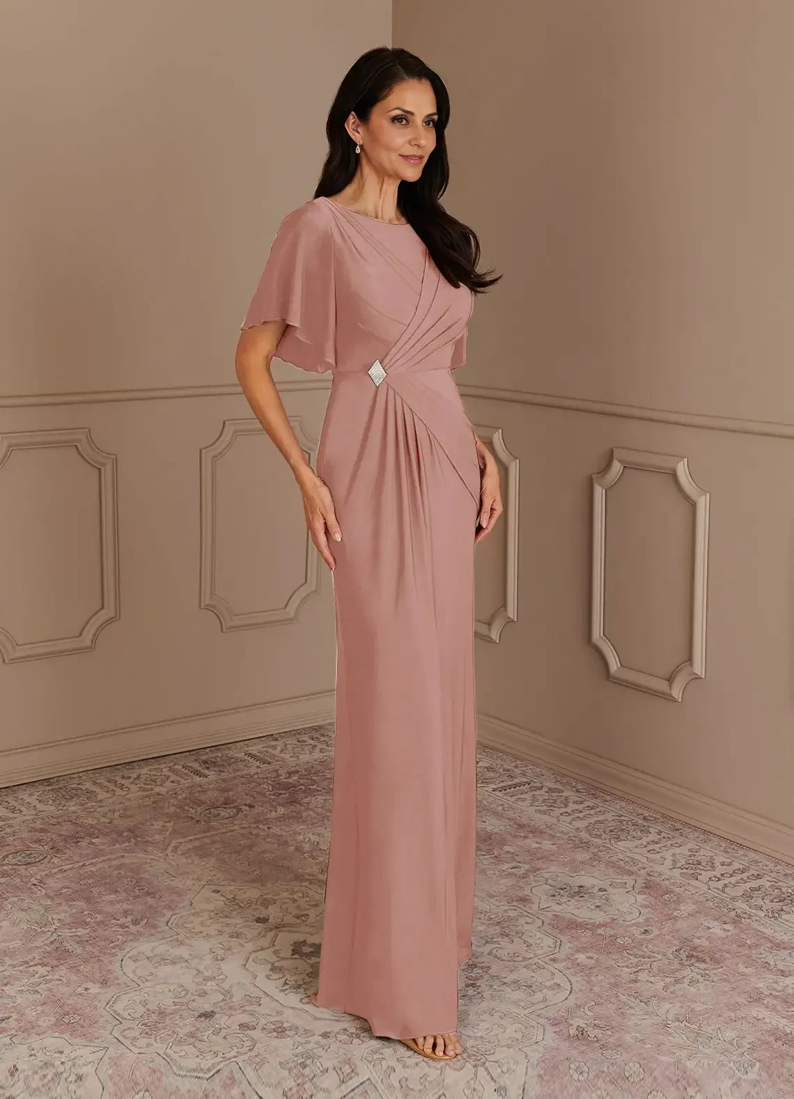 Robe Weitese élégante rose poudré sirène col bateau robe plissée longueur au sol manches flottantes dos en V robe mère de la mariée grande taille 