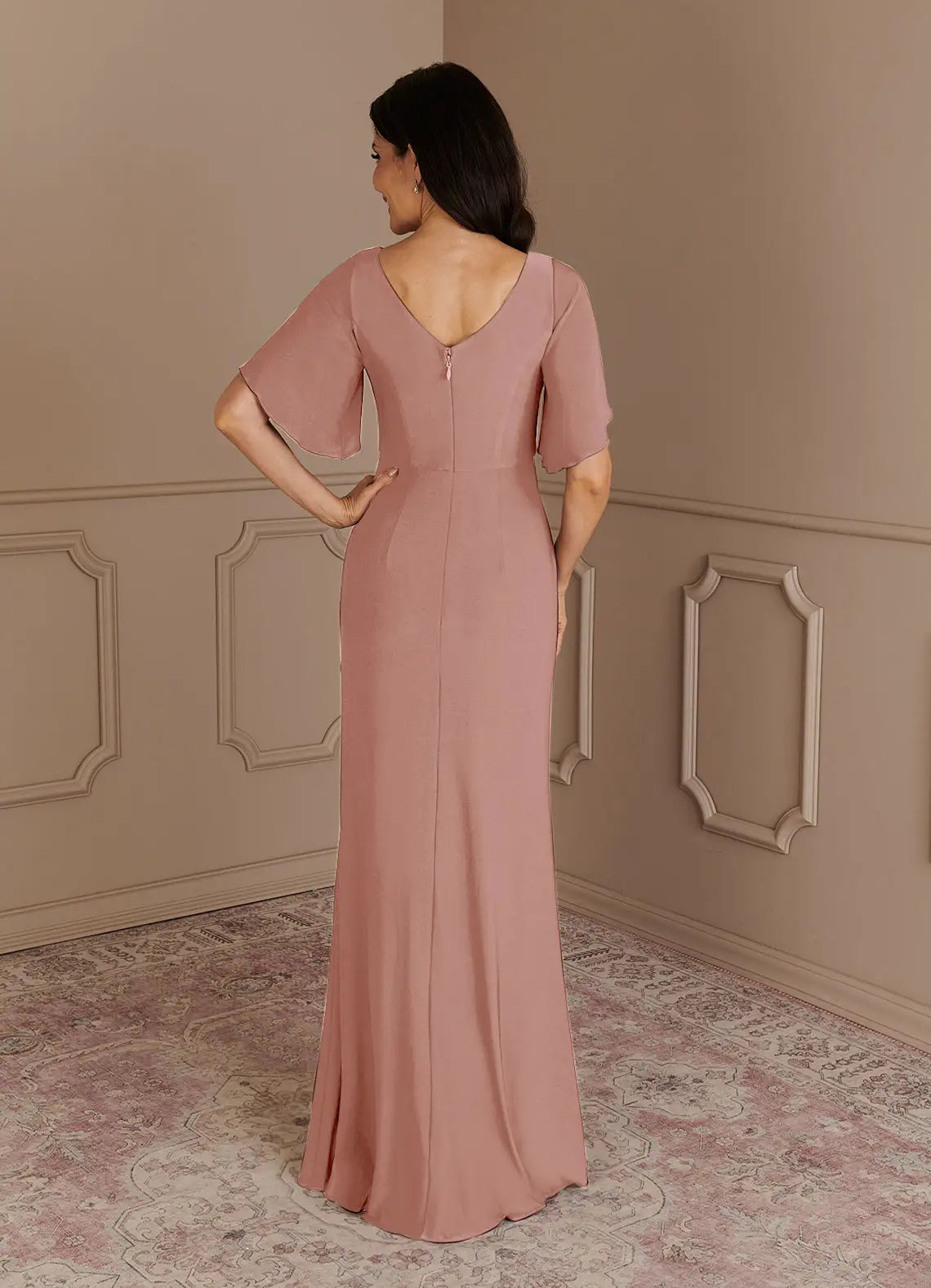 Robe Weitese élégante rose poudré sirène col bateau robe plissée longueur au sol manches flottantes dos en V robe mère de la mariée grande taille 