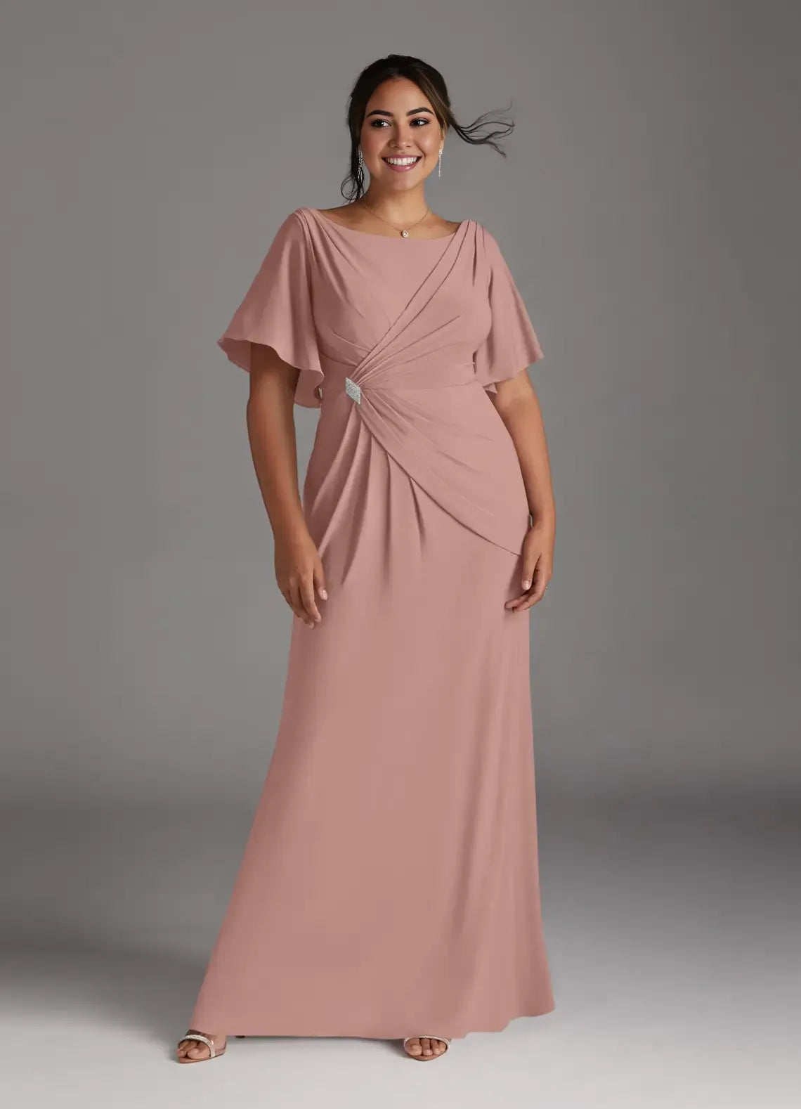 Robe Weitese élégante rose poudré sirène col bateau robe plissée longueur au sol manches flottantes dos en V robe mère de la mariée grande taille 