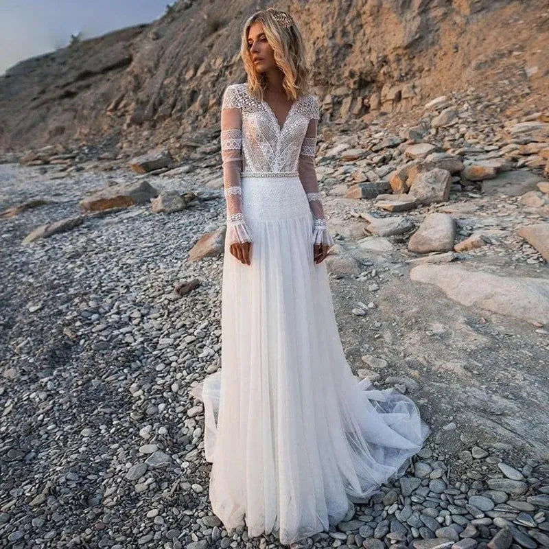 Bohemian A-Line Deep V Neck Long Sleeve Tulle Wedding Dress