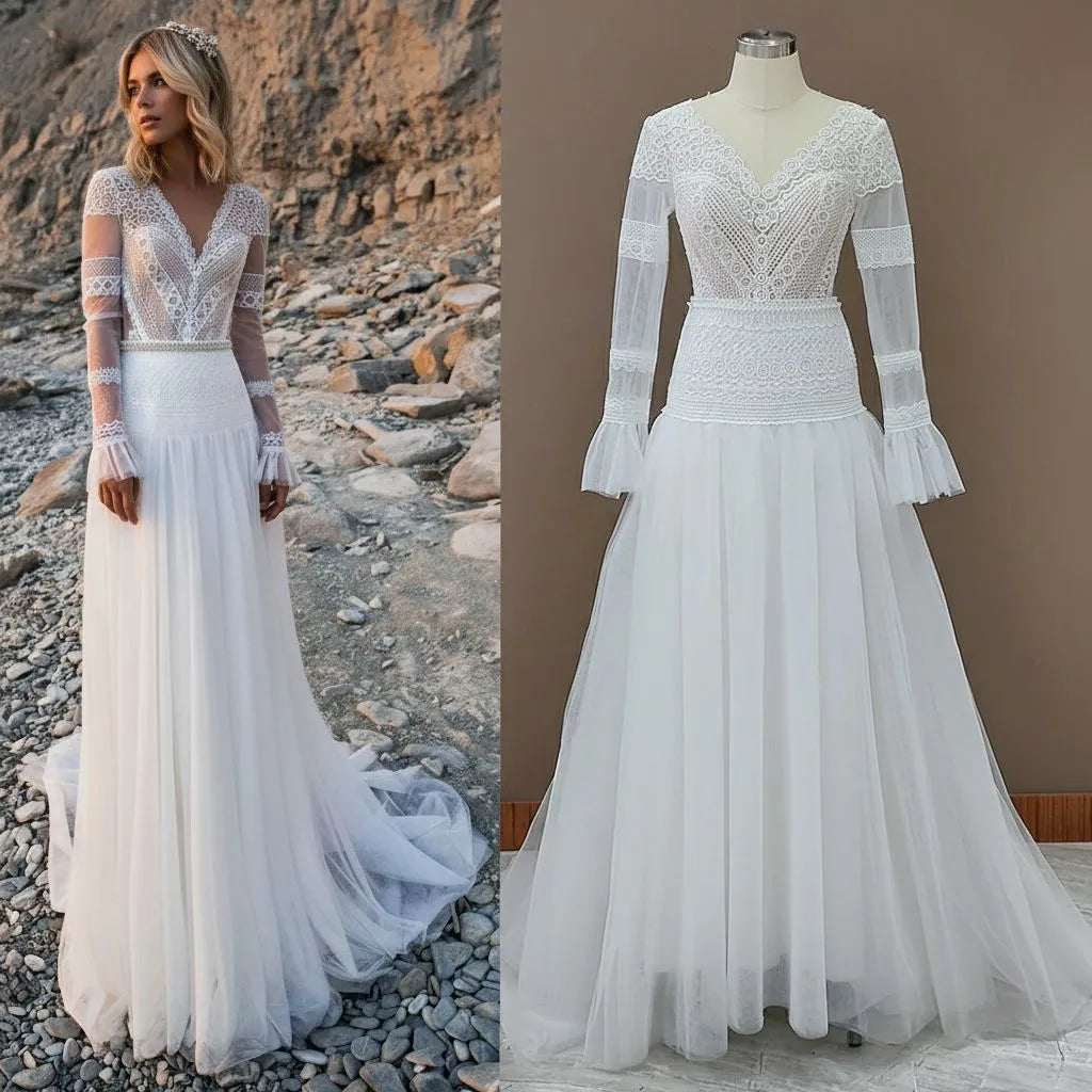 Bohemian A-Line Deep V Neck Long Sleeve Tulle Wedding Dress