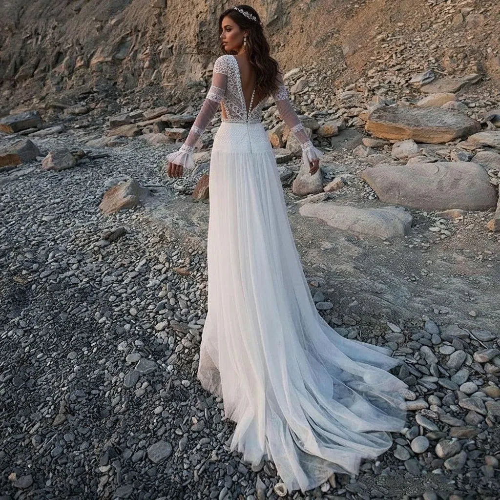 Bohemian A-Line Deep V Neck Long Sleeve Tulle Wedding Dress