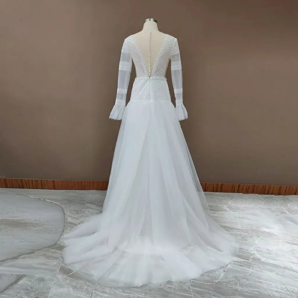 Bohemian A-Line Deep V Neck Long Sleeve Tulle Wedding Dress