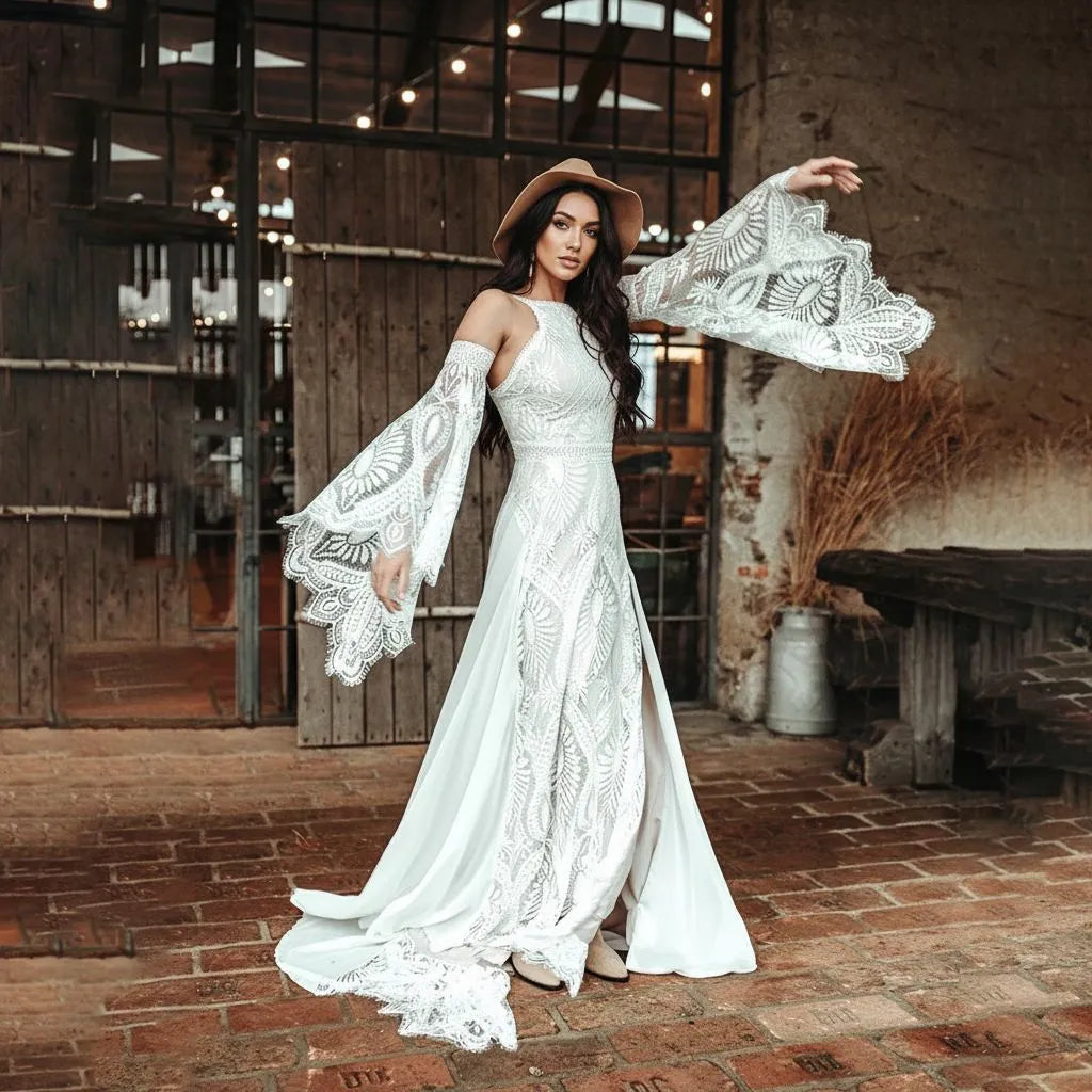 Bohemian A-Line Halter Cold Shoulder Lace Maxi Wedding Dress