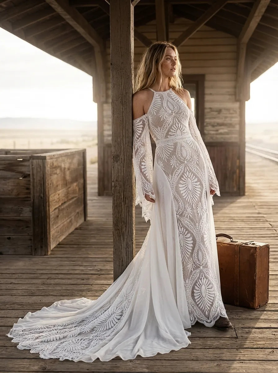 Bohemian A-Line Halter Cold Shoulder Lace Maxi Wedding Dress