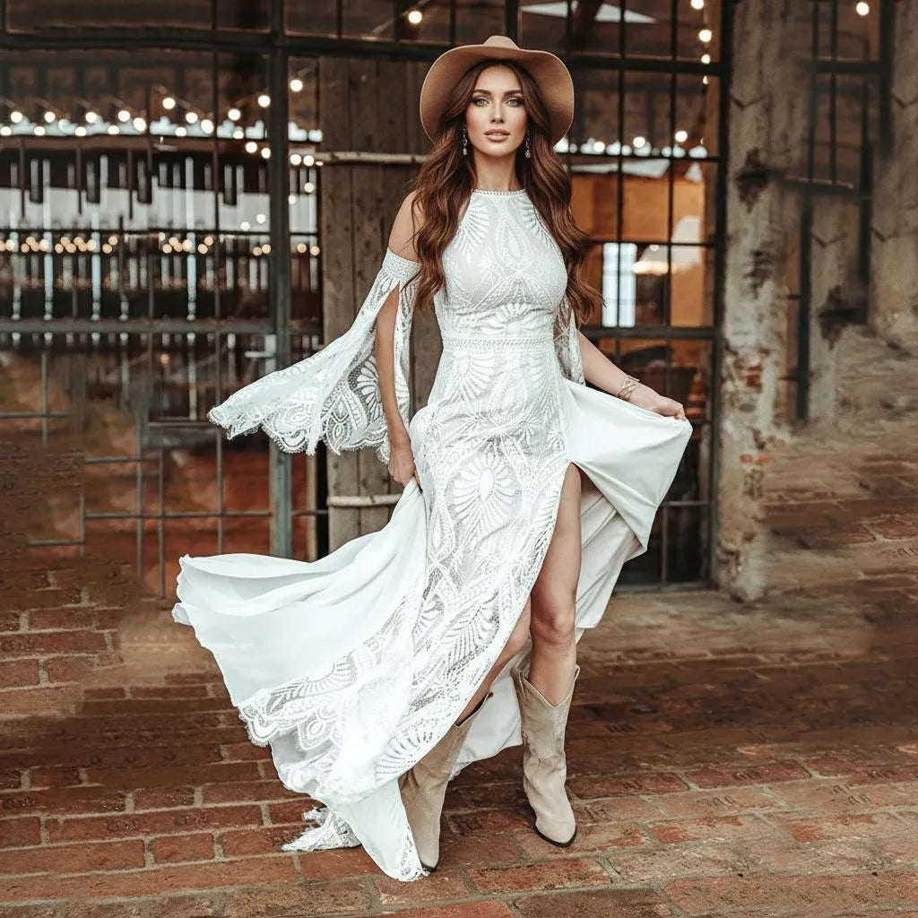 Bohemian A-Line Halter Cold Shoulder Lace Maxi Wedding Dress