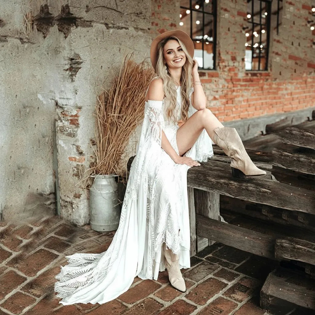 Bohemian A-Line Halter Cold Shoulder Lace Maxi Wedding Dress