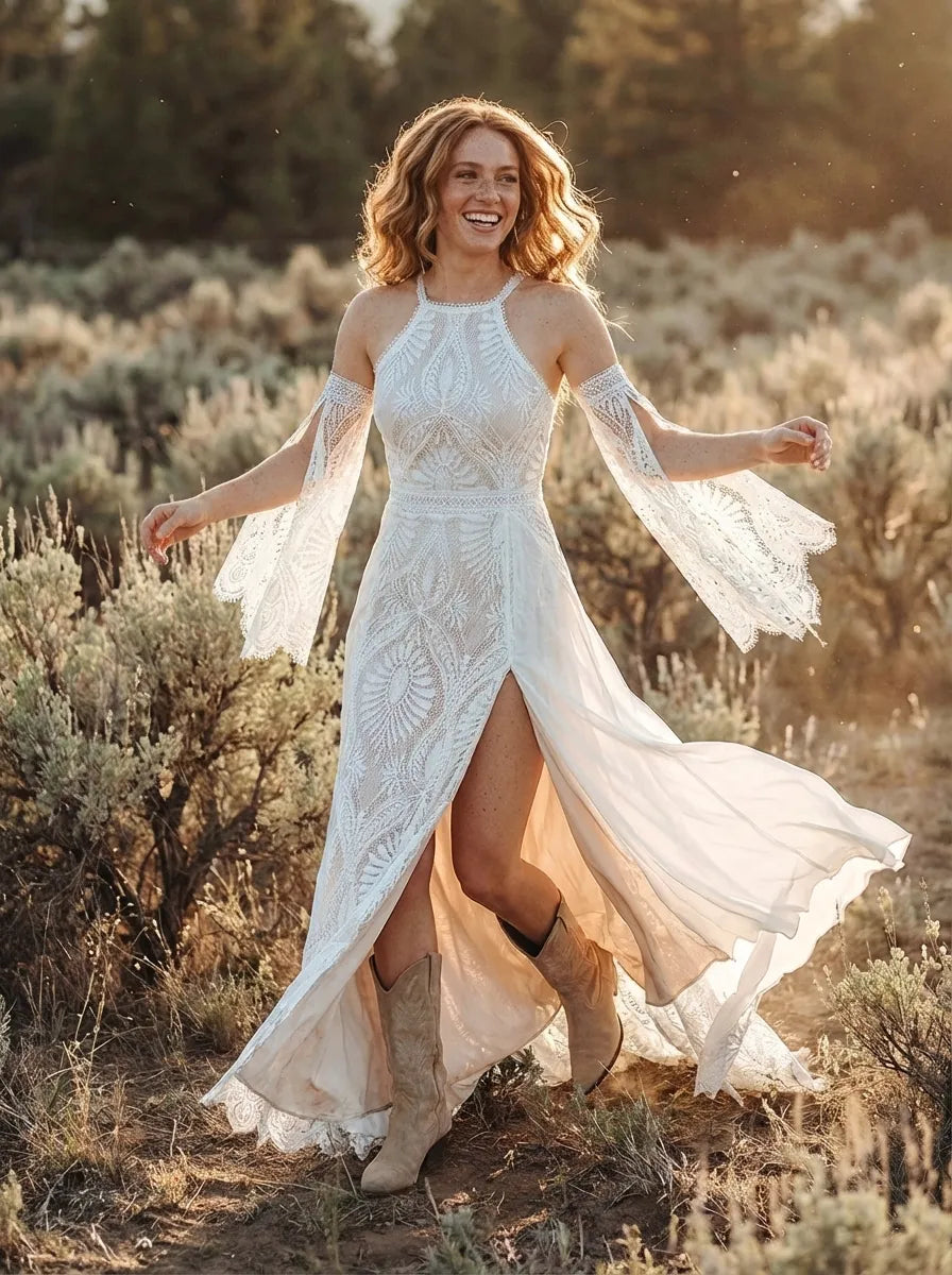 Bohemian A-Line Halter Cold Shoulder Lace Maxi Wedding Dress