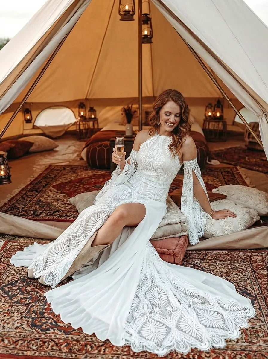 Bohemian A-Line Halter Cold Shoulder Lace Maxi Wedding Dress