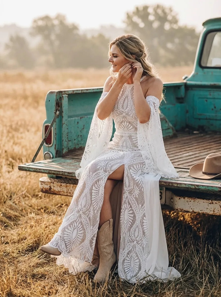 Bohemian A-Line Halter Cold Shoulder Lace Maxi Wedding Dress