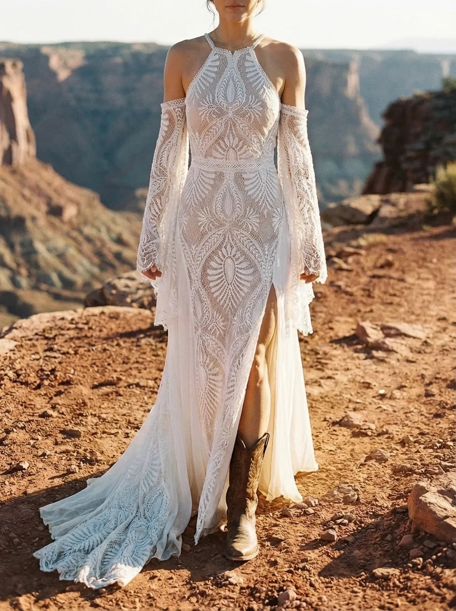 Bohemian A-Line Halter Cold Shoulder Lace Maxi Wedding Dress