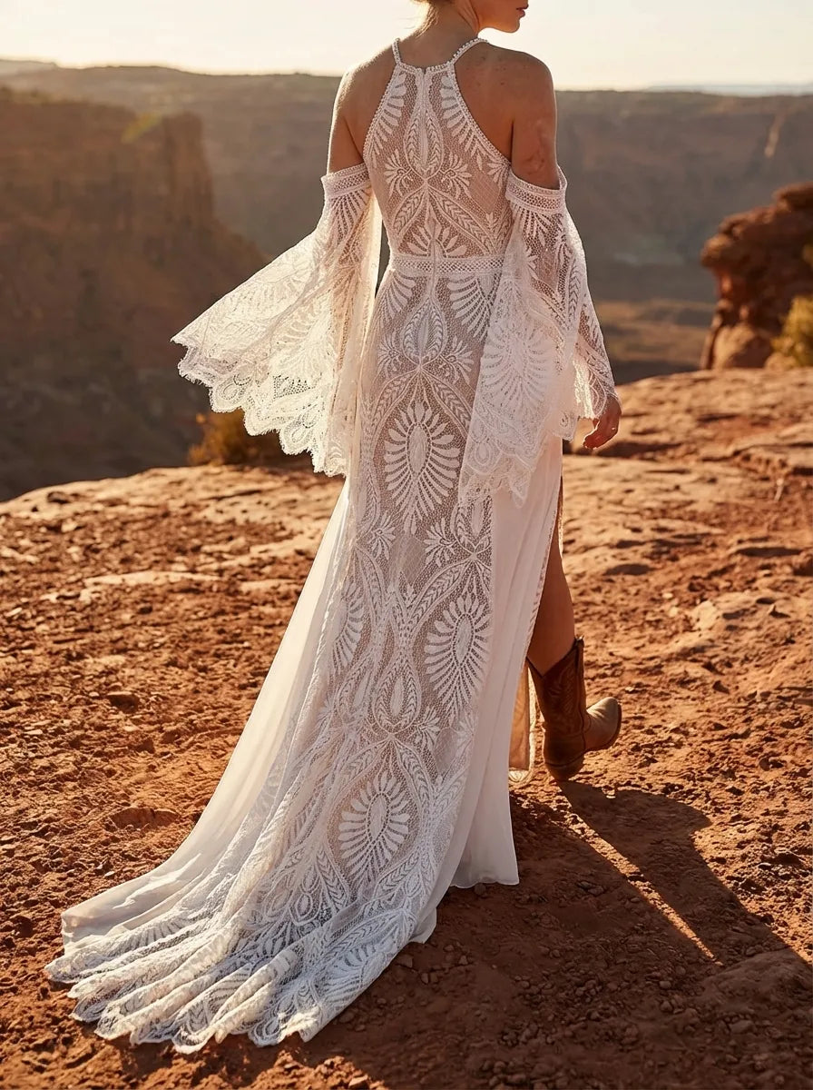 Bohemian A-Line Halter Cold Shoulder Lace Maxi Wedding Dress