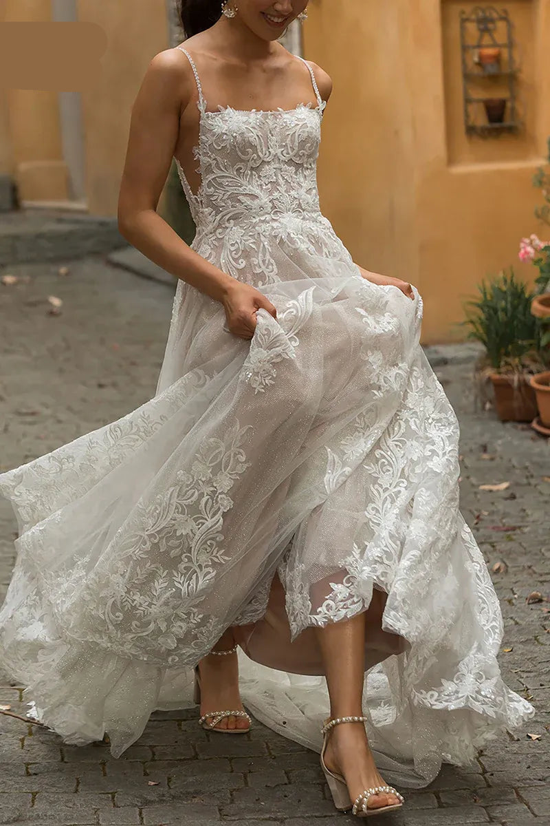 Bohemian Square Neck Sleeveless A-Line Tulle Lace Applique Long Wedding Dress