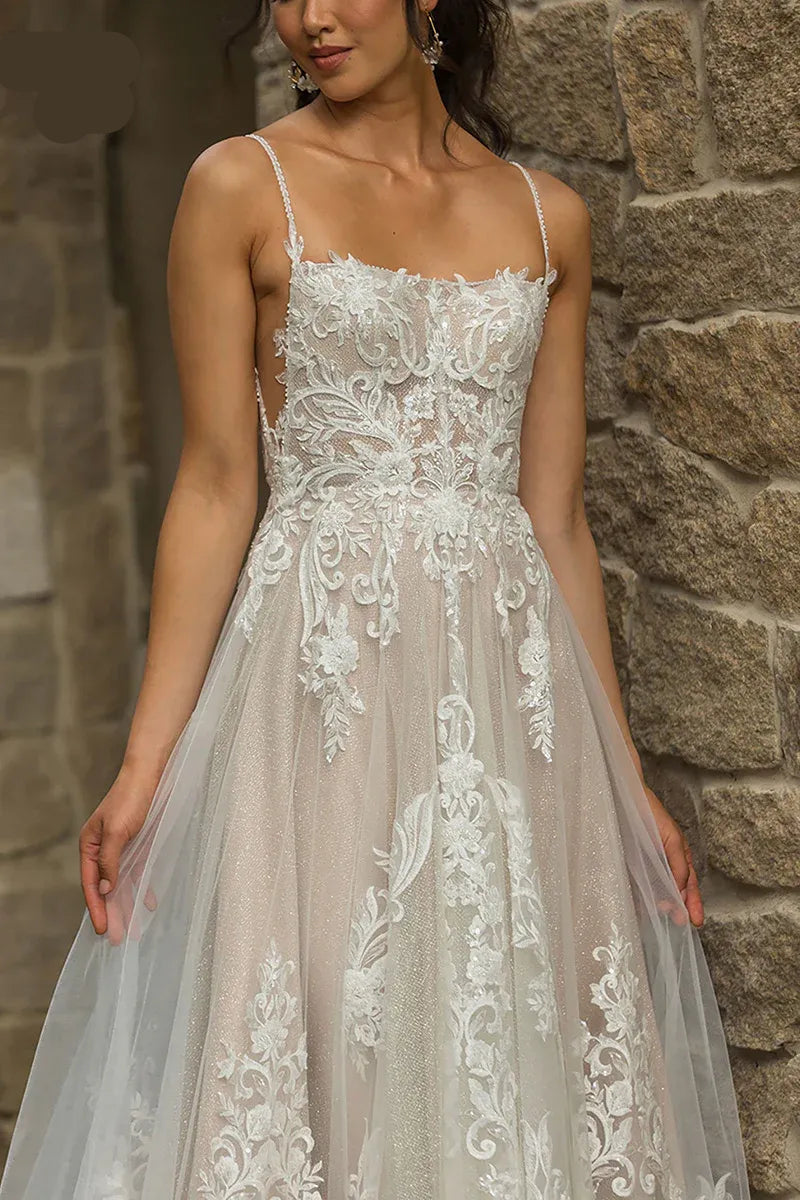 Bohemian Square Neck Sleeveless A-Line Tulle Lace Applique Long Wedding Dress