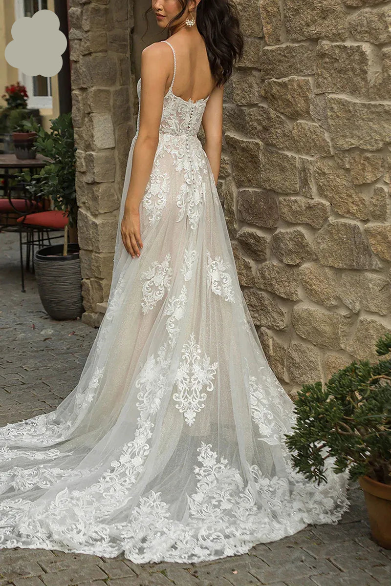Bohemian Square Neck Sleeveless A-Line Tulle Lace Applique Long Wedding Dress