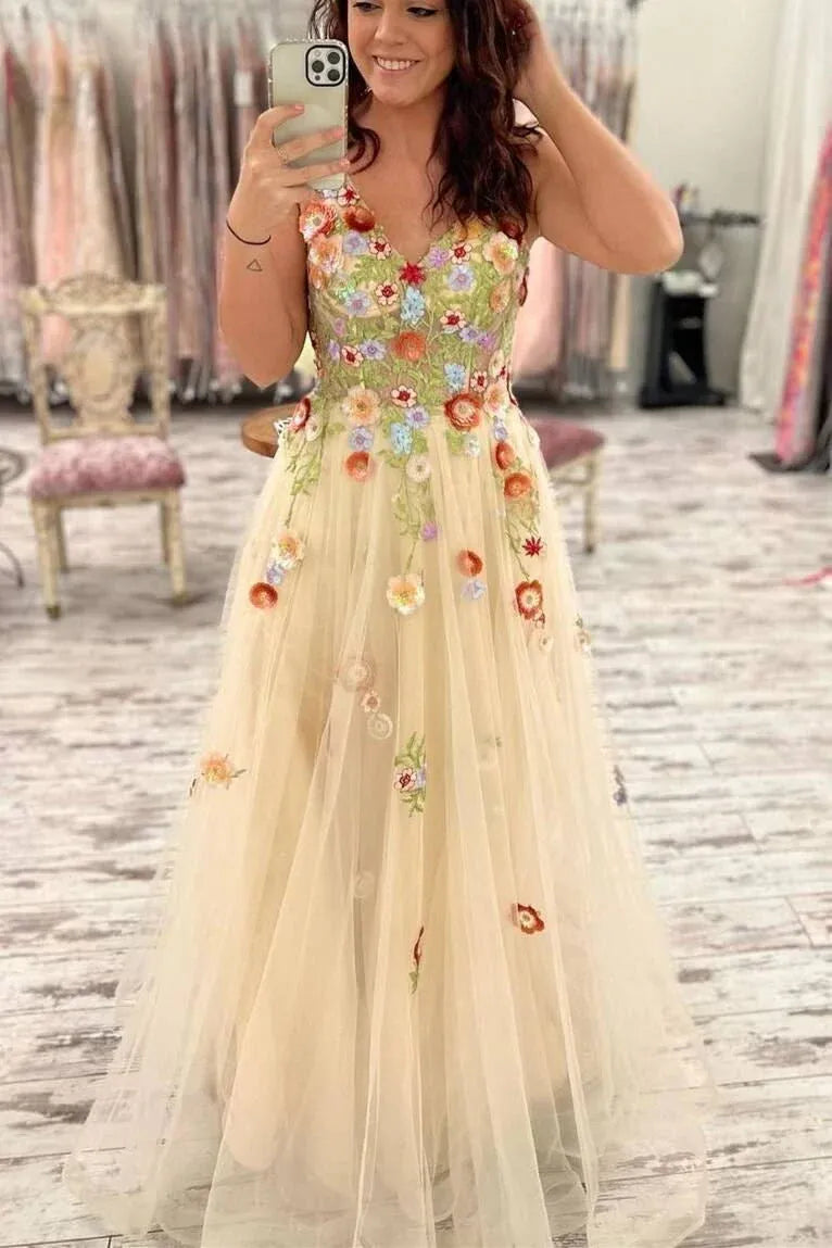 Boho V-Neck Floral Embroidered Tulle Prom Dress