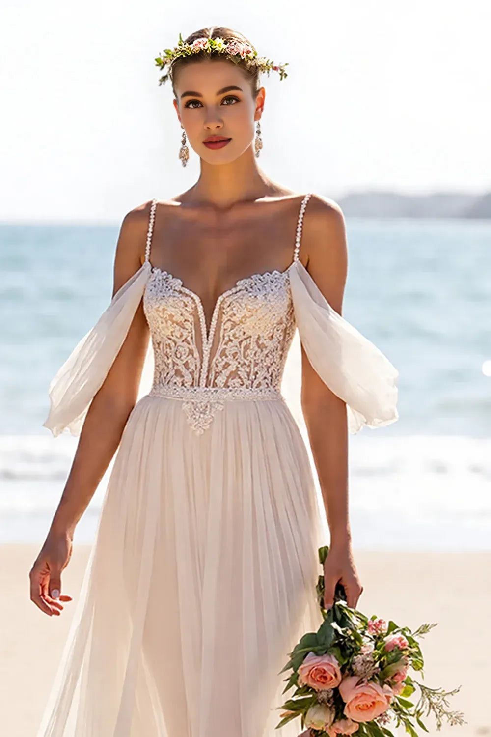 Boho A-Line Off the Shoulder Sleeveless Slit Chiffon Sweep Train Wedding Dress