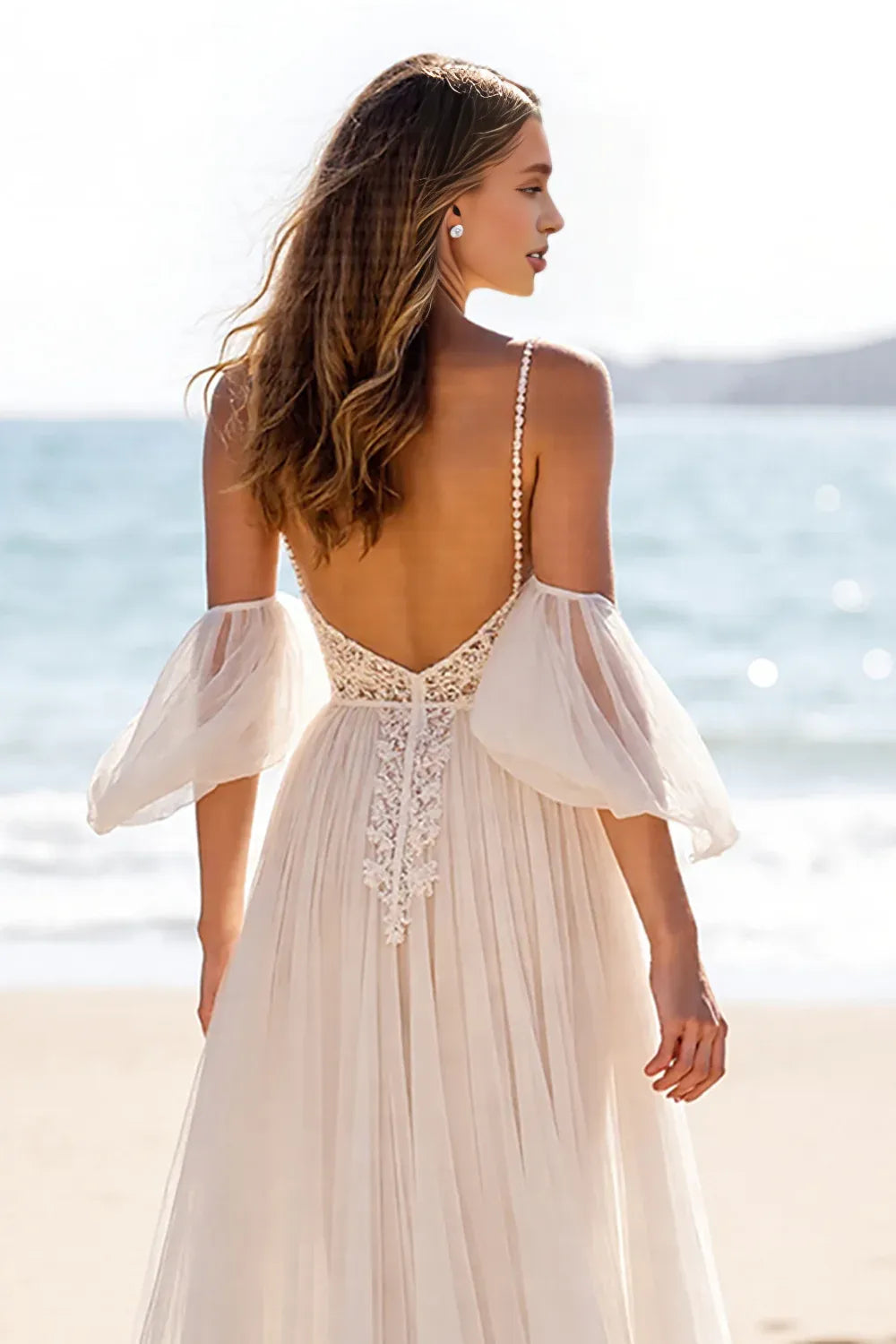 Boho A-Line Off the Shoulder Sleeveless Slit Chiffon Sweep Train Wedding Dress