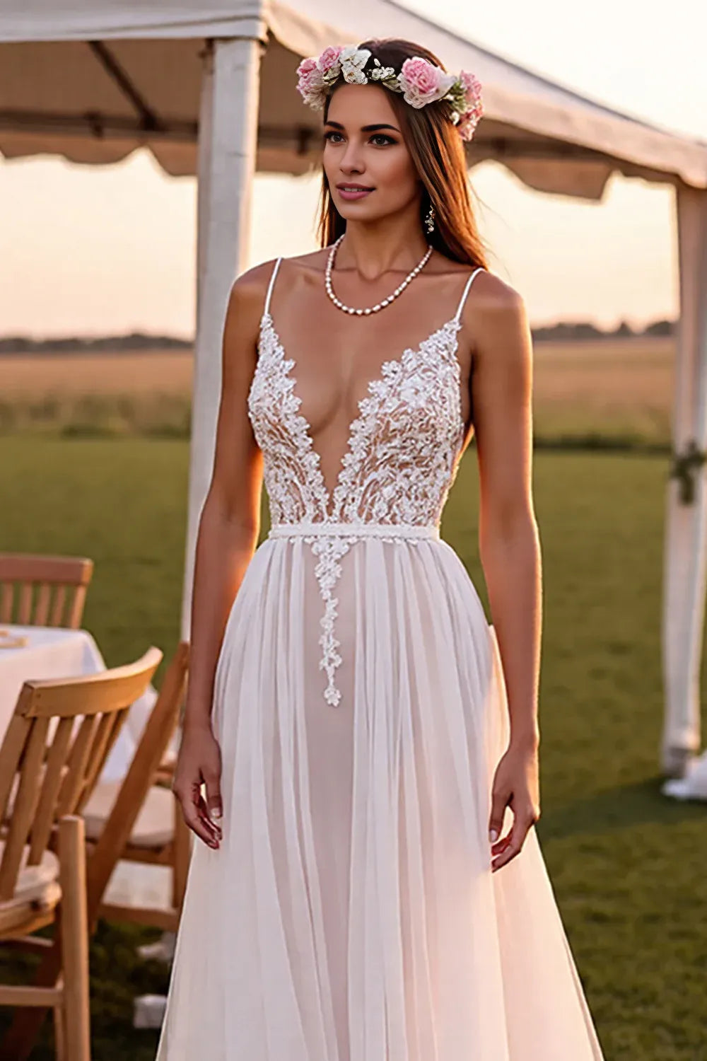 Boho A-Line Spaghetti Straps Sleeveless Chiffon Sweep Train Wedding Dress